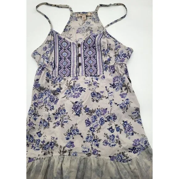DECREE Women's SZ M Racerback Flowy Tank Ruffle Floral Boho Festival Fairy Gray - Picture 8 of 9